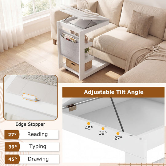 C-shaped End Table with Wheels and Adjustable Desktop for Sofa Couch Bedside