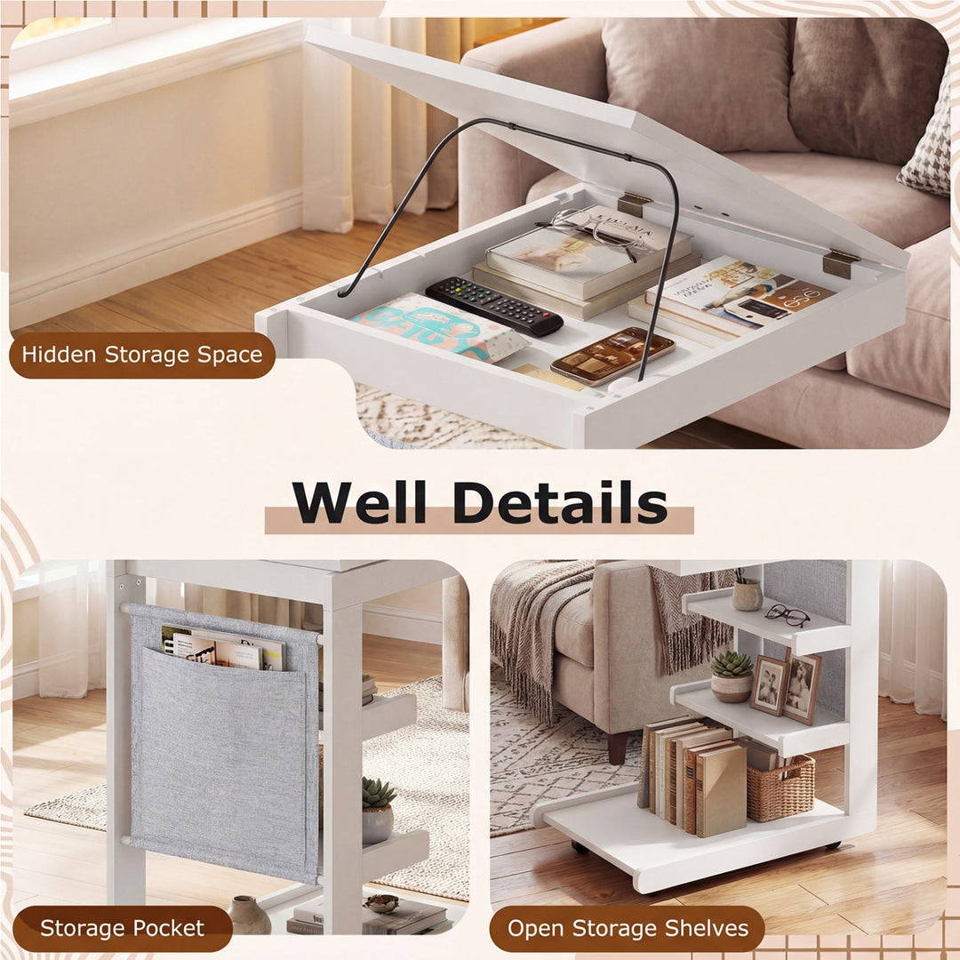 C-shaped End Table with Wheels and Adjustable Desktop for Sofa Couch Bedside