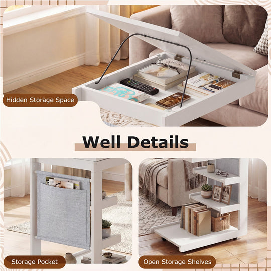 C-shaped End Table with Wheels and Adjustable Desktop for Sofa Couch Bedside