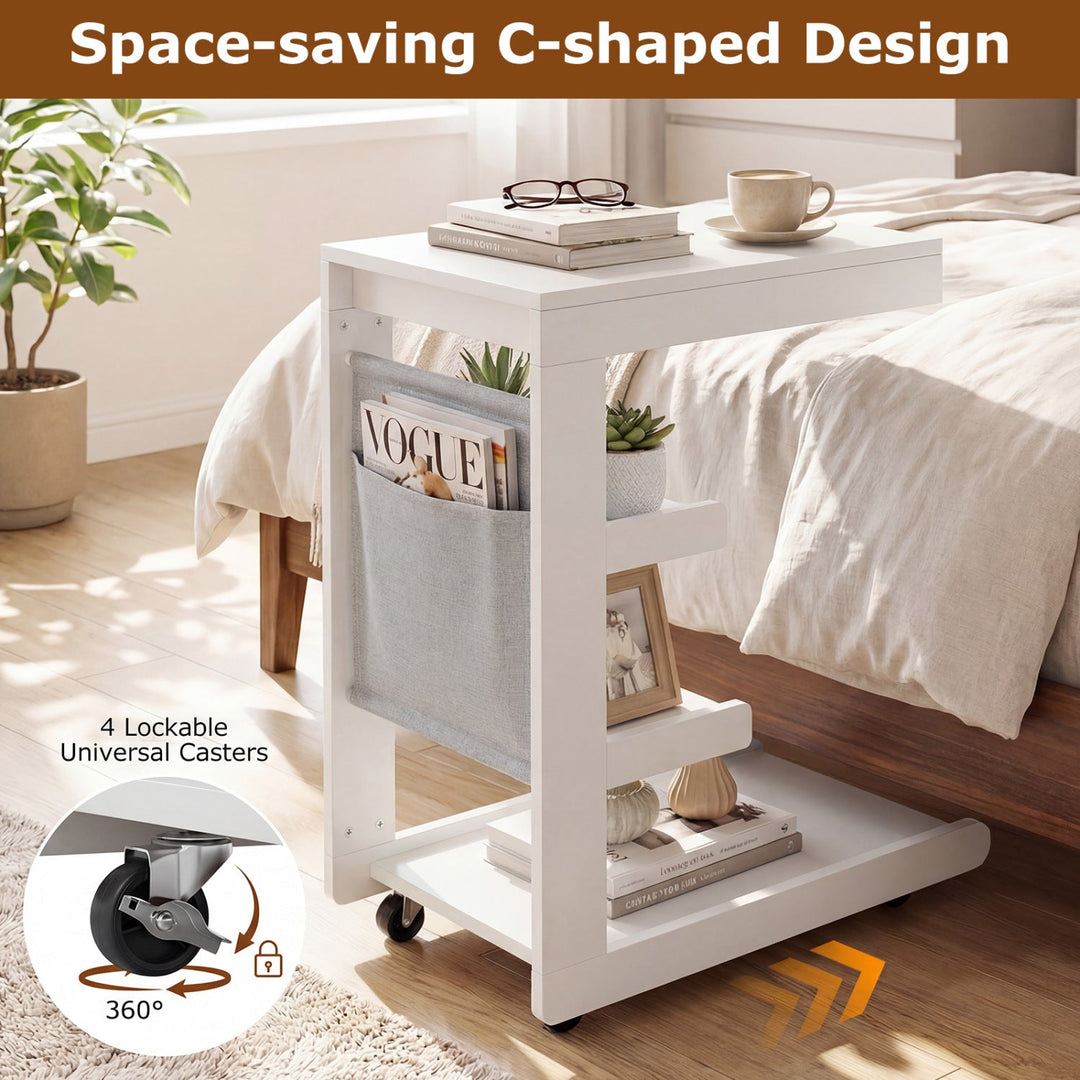 C-shaped End Table with Wheels and Adjustable Desktop for Sofa Couch Bedside