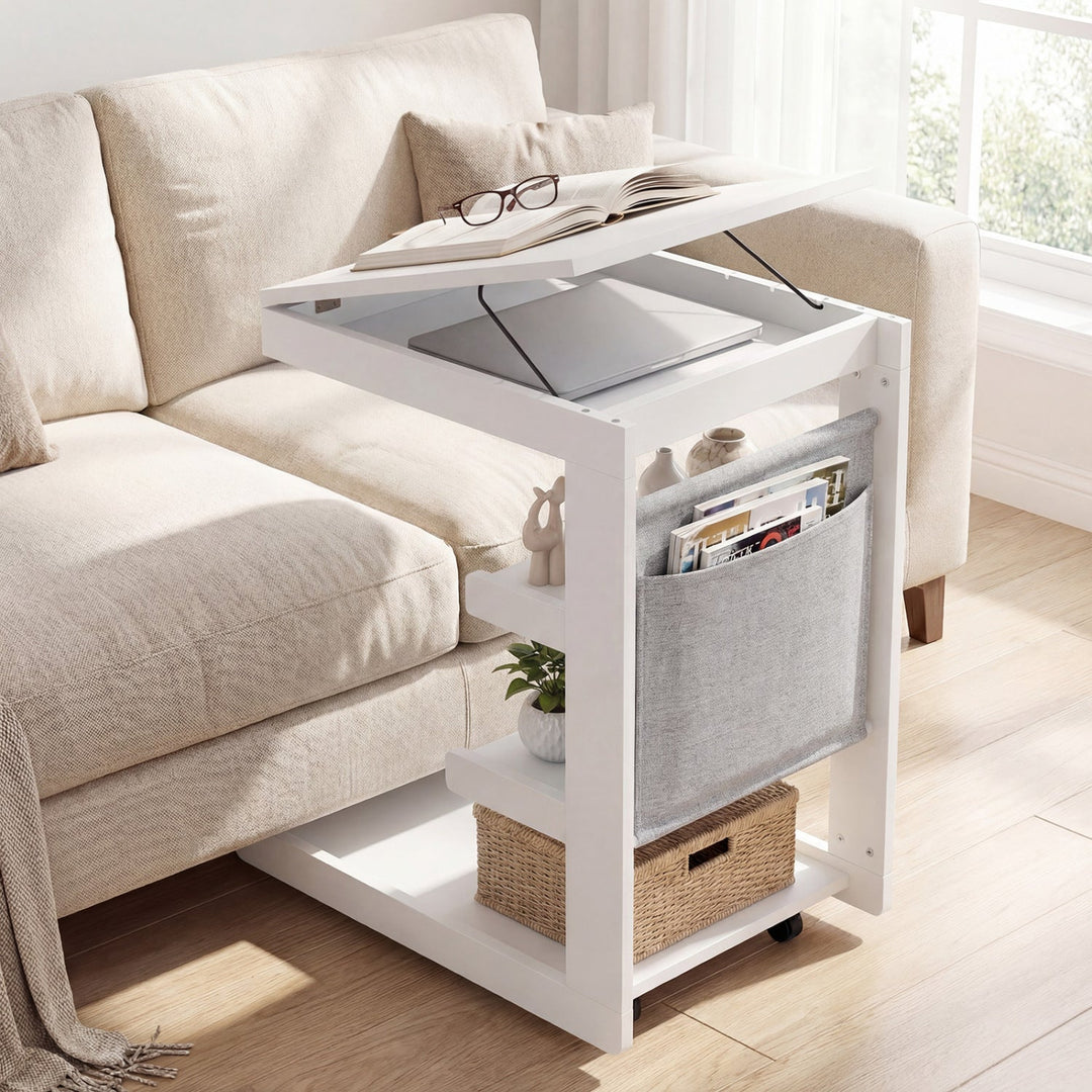 C-shaped End Table with Wheels and Adjustable Desktop for Sofa Couch Bedside