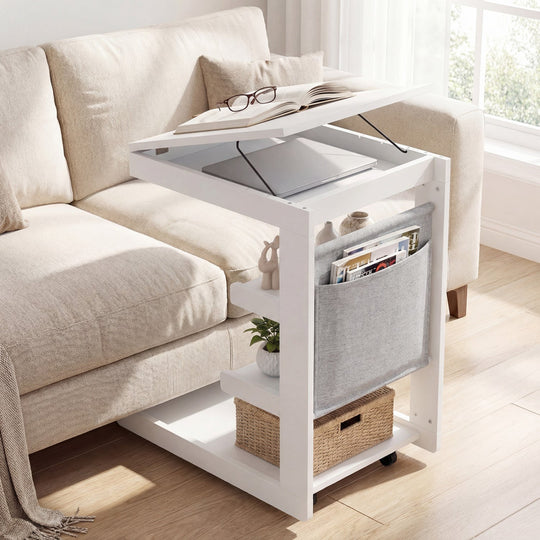 C-shaped End Table with Wheels and Adjustable Desktop for Sofa Couch Bedside