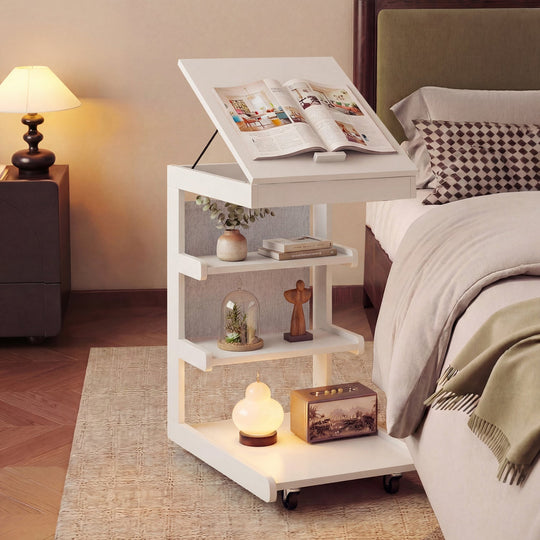 C-shaped End Table with Wheels and Adjustable Desktop for Sofa Couch Bedside
