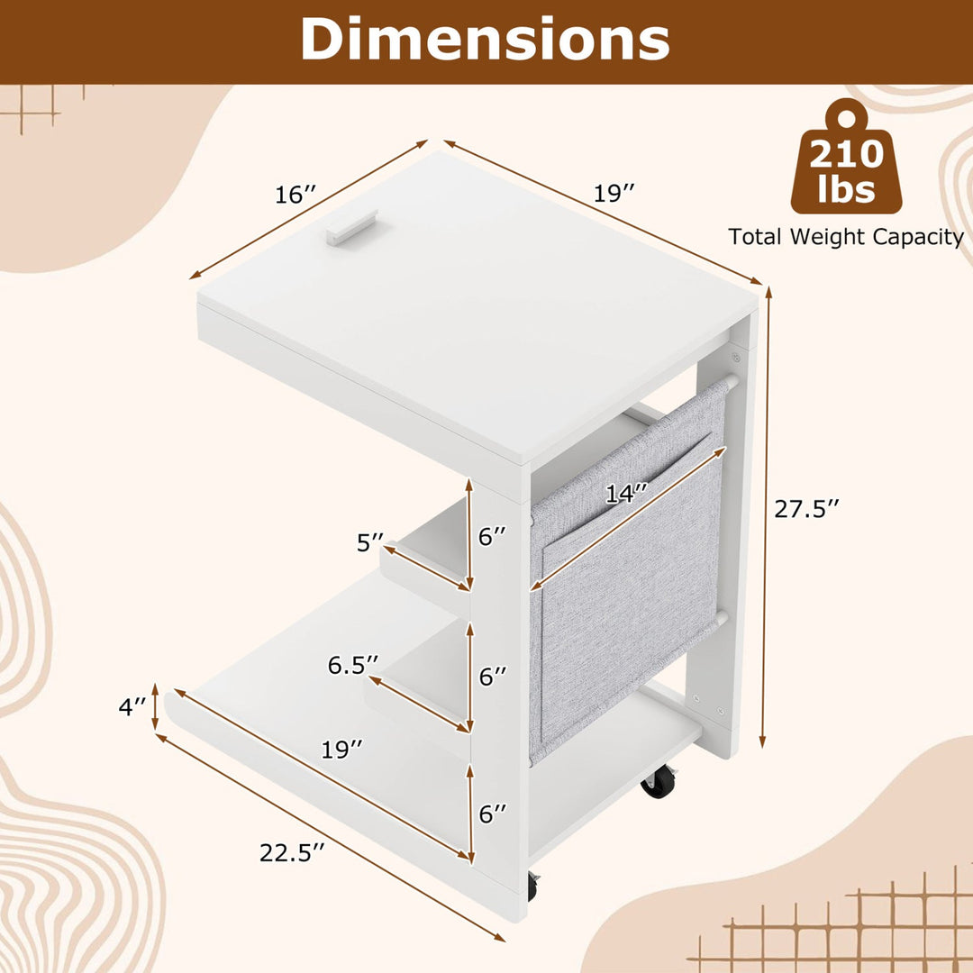 C-shaped End Table with Wheels and Adjustable Desktop for Sofa Couch Bedside