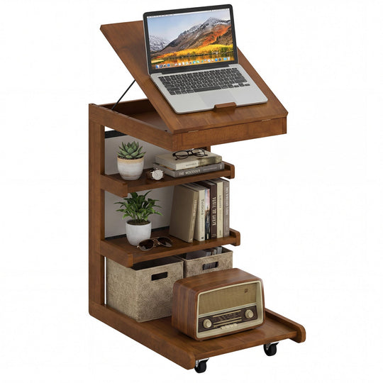 C-shaped End Table with Wheels and Adjustable Desktop for Sofa Couch Bedside