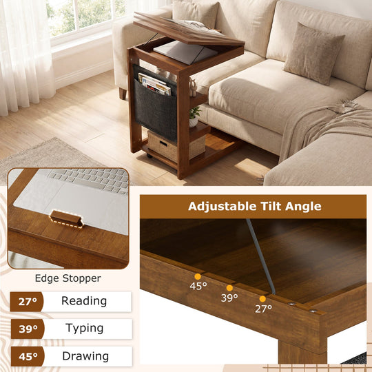 C-shaped End Table with Wheels and Adjustable Desktop for Sofa Couch Bedside