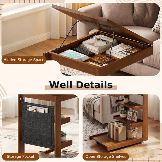C-shaped End Table with Wheels and Adjustable Desktop for Sofa Couch Bedside