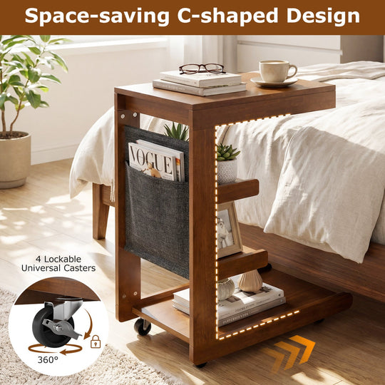C-shaped End Table with Wheels and Adjustable Desktop for Sofa Couch Bedside