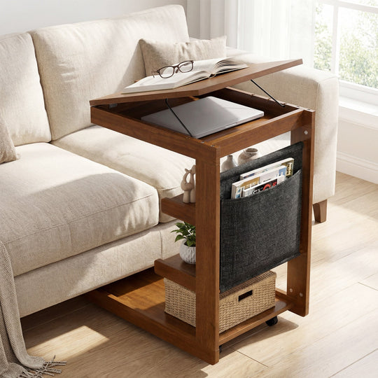 C-shaped End Table with Wheels and Adjustable Desktop for Sofa Couch Bedside