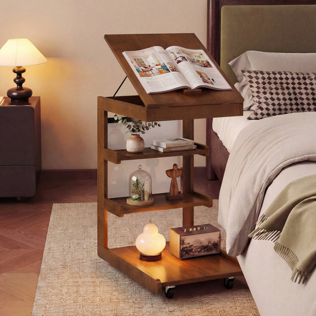 C-shaped End Table with Wheels and Adjustable Desktop for Sofa Couch Bedside