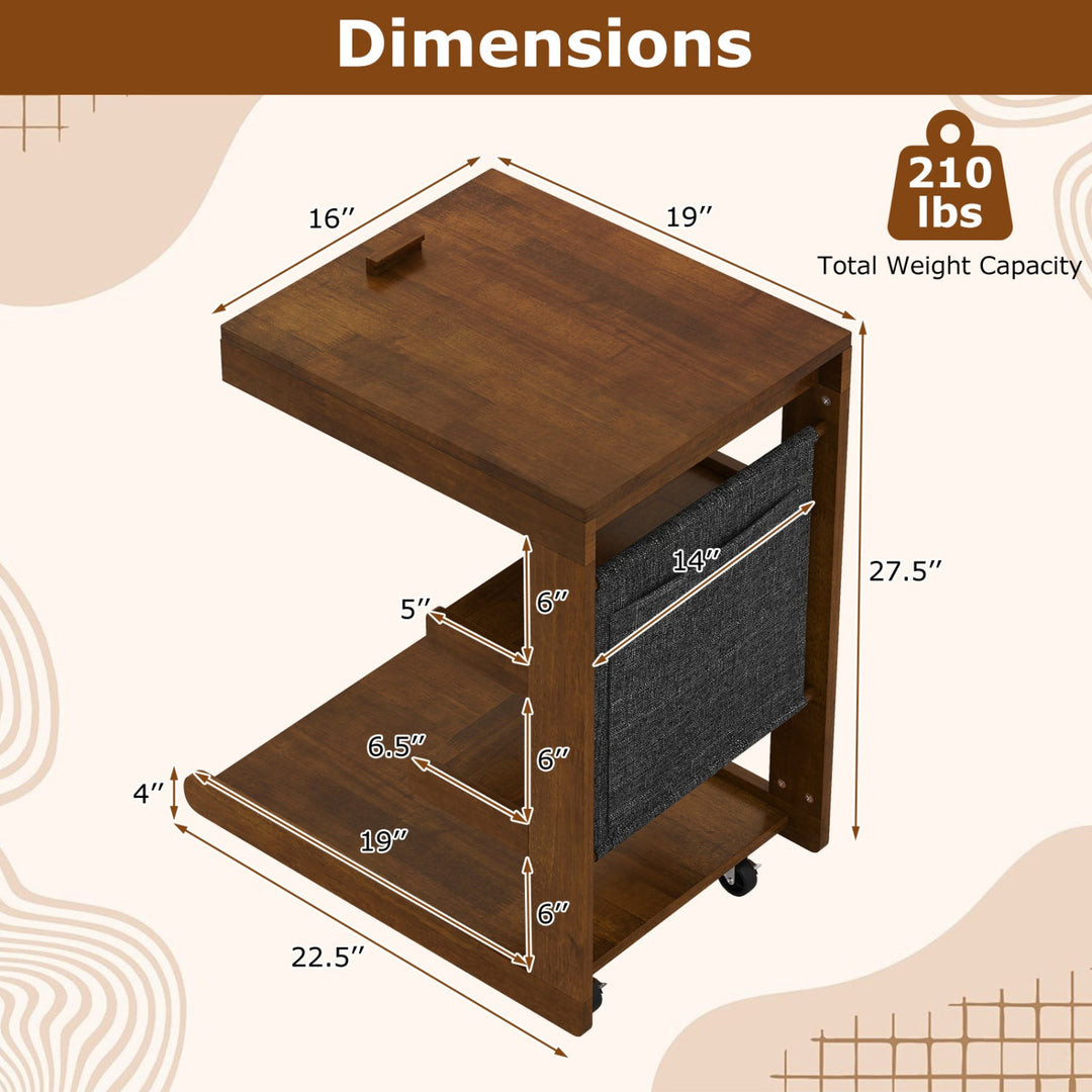 C-shaped End Table with Wheels and Adjustable Desktop for Sofa Couch Bedside
