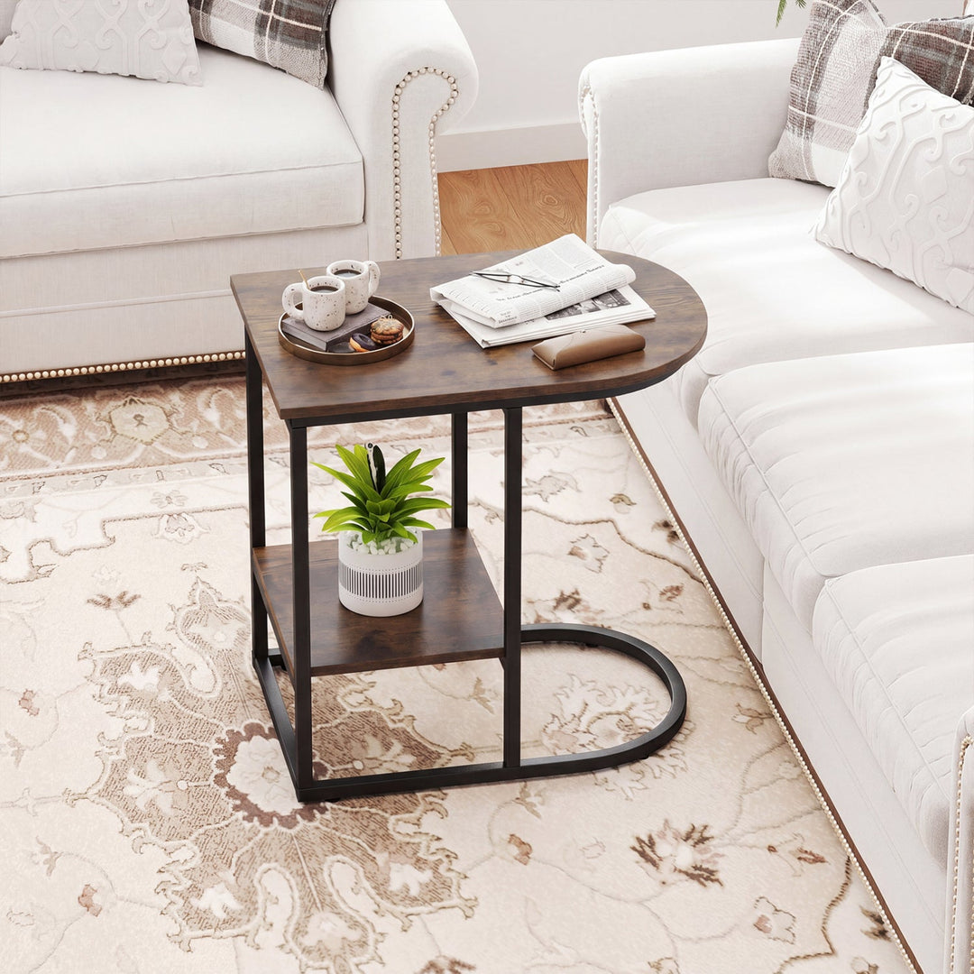 C-Shaped Sofa Side Table with Faux Marble Top & Storage Shelf