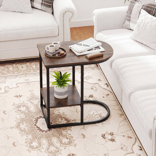 C-Shaped Sofa Side Table with Faux Marble Top & Storage Shelf