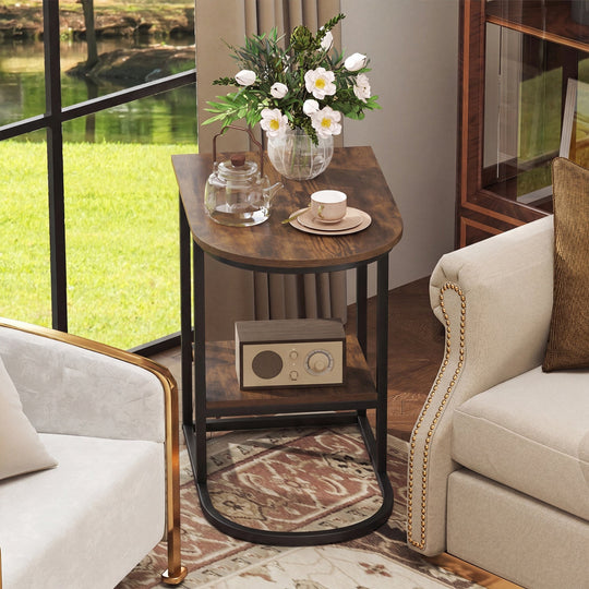 C-Shaped Sofa Side Table with Faux Marble Top & Storage Shelf