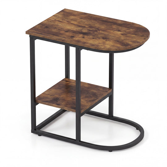 C-Shaped Sofa Side Table with Faux Marble Top & Storage Shelf