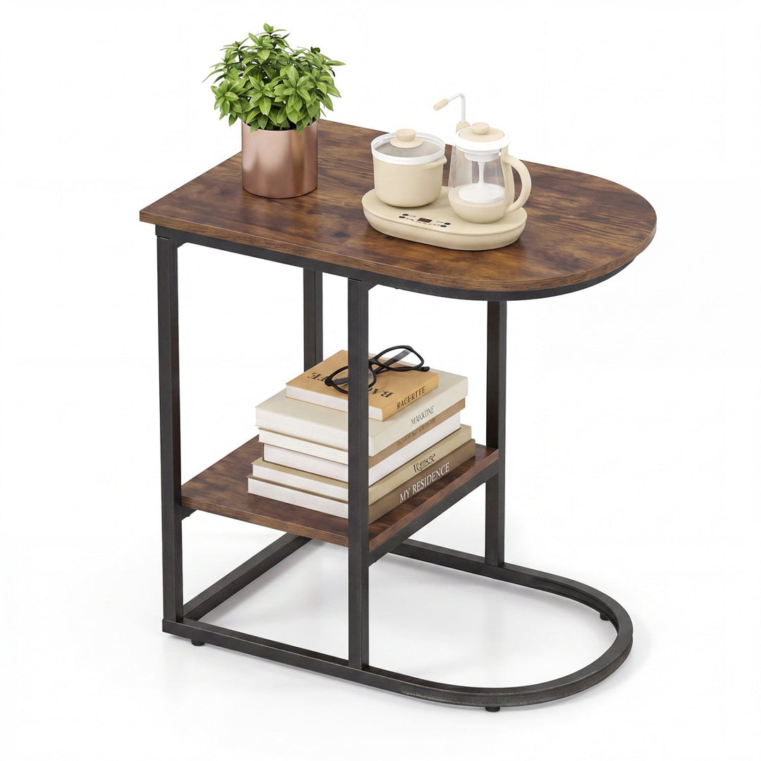 C-Shaped Sofa Side Table with Faux Marble Top & Storage Shelf