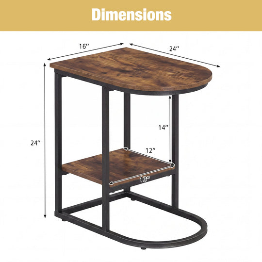 C-Shaped Sofa Side Table with Faux Marble Top & Storage Shelf