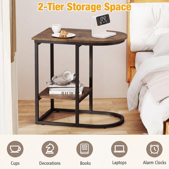 C-Shaped Sofa Side Table with Faux Marble Top & Storage Shelf