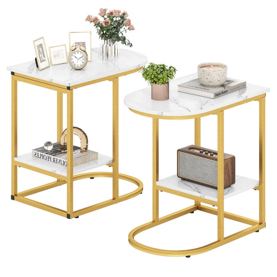 C-Shaped Side Table with Faux Marble Top and Storage Shelf