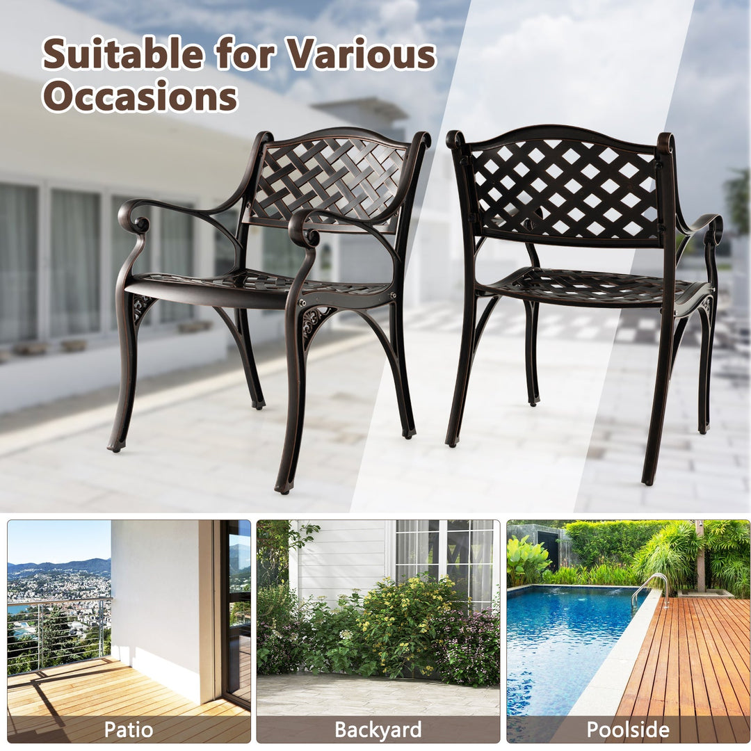 Cast Aluminum Patio Chairs Set of 2 Dining Chairs with Armrests Diamond Pattern-Bronze