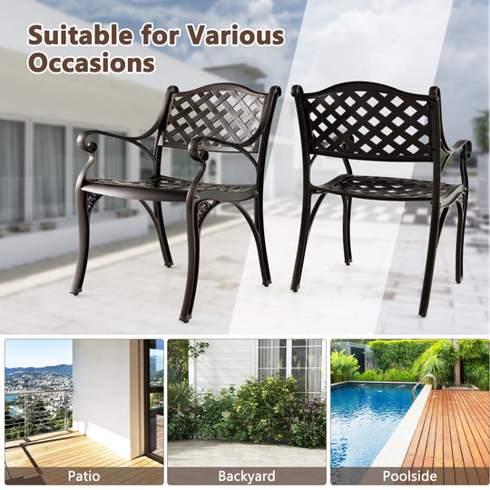 Cast Aluminum Patio Chairs Set of 2 Dining Chairs with Armrests Diamond Pattern-Bronze