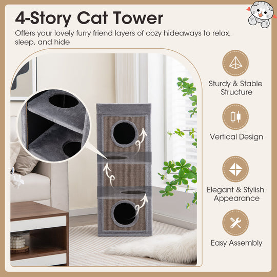 39 Inch Tall Cat Condo with Scratching Posts and 3 Hideaways and 4 Soft Plush Cushions-Gray