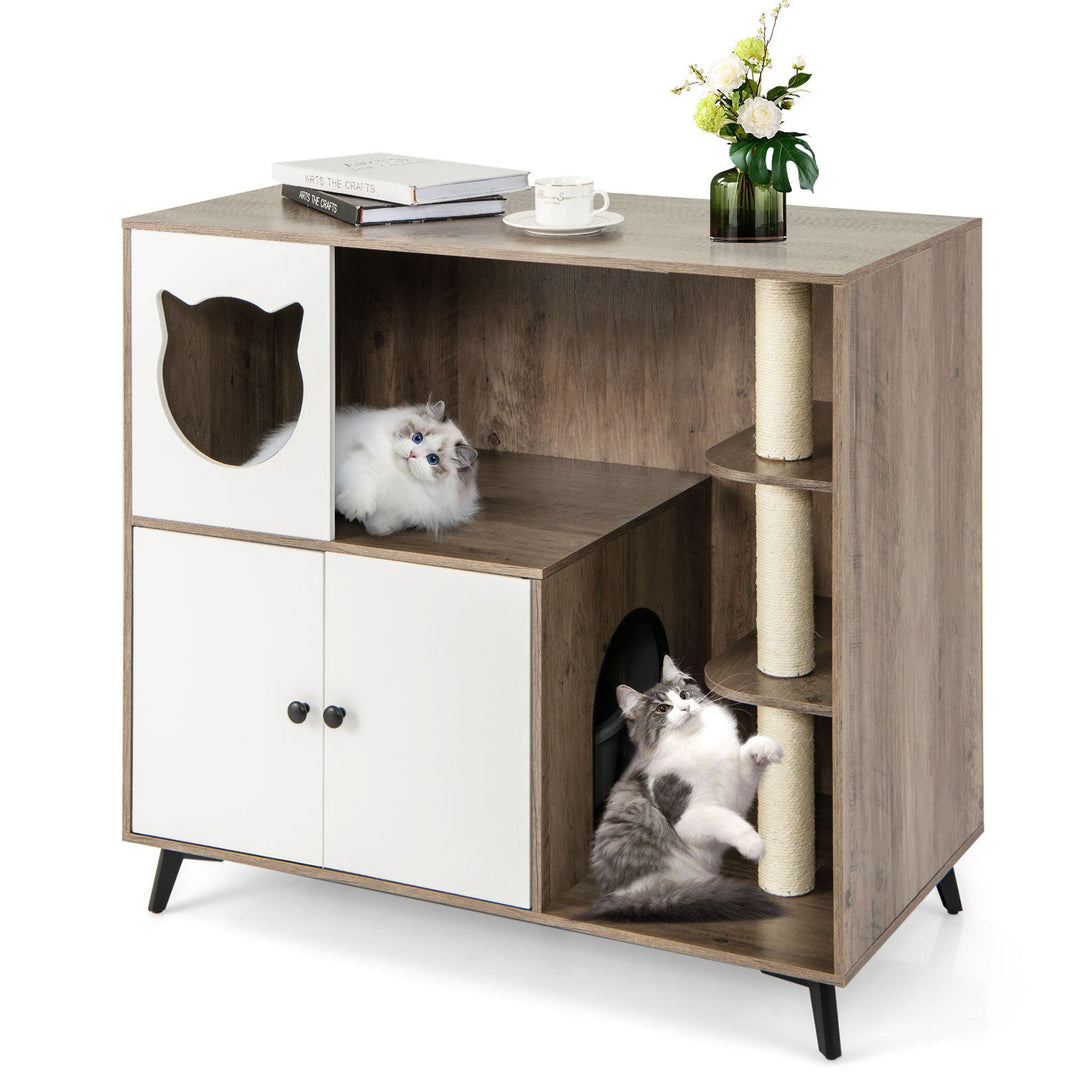 Cat Litter Box Enclosure with Scratching Posts and Platform