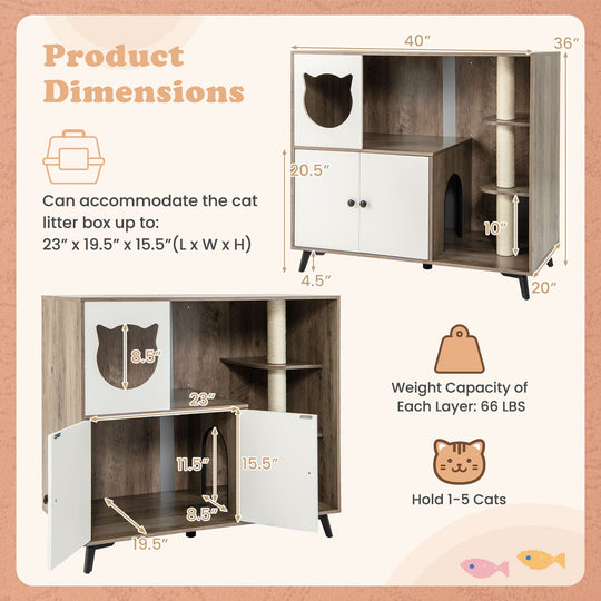 Cat Litter Box Enclosure with Scratching Posts and Platform
