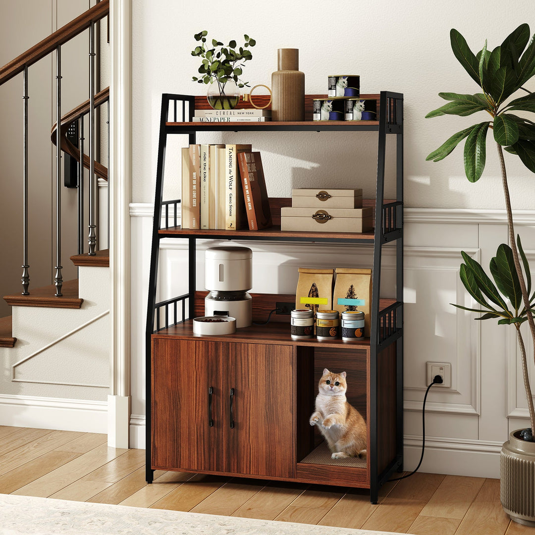 Cat Litter Box Enclosure with Storage Shelves and Scratching Pad