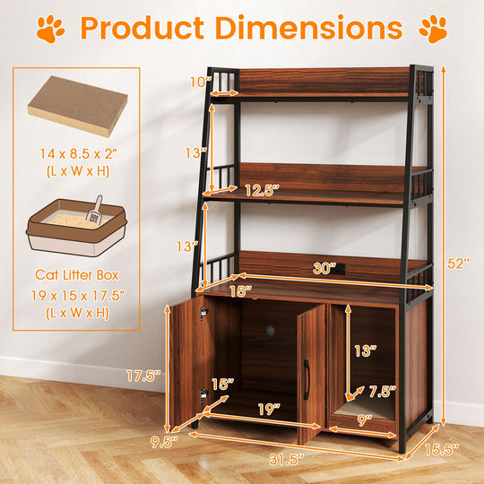 Cat Litter Box Enclosure with Storage Shelves and Scratching Pad