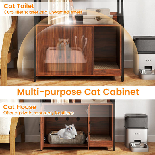 Cat Litter Box Enclosure with Storage Shelves and Scratching Pad