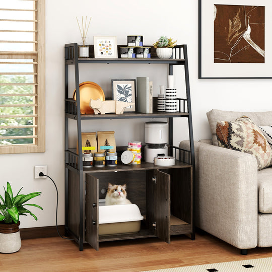Cat Litter Box Enclosure with Storage Shelves and Scratching Pad