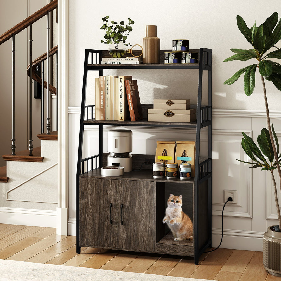 Cat Litter Box Enclosure with Storage Shelves and Scratching Pad