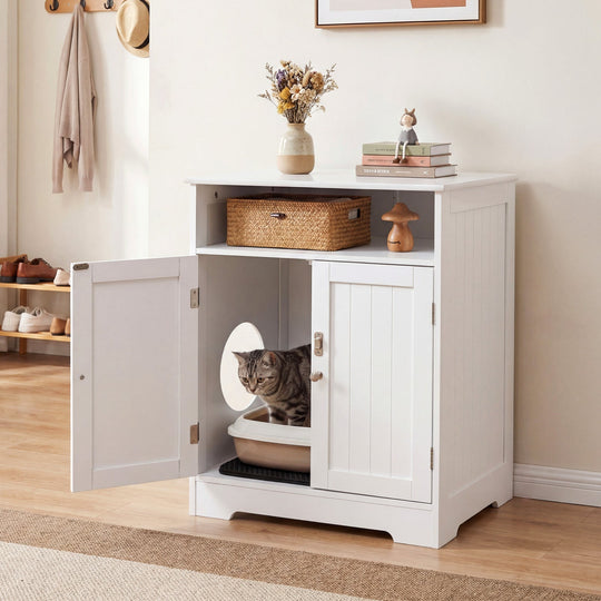 Cat Litter Box Enclosure Wooden Hidden Pet Washroom Furniture-White