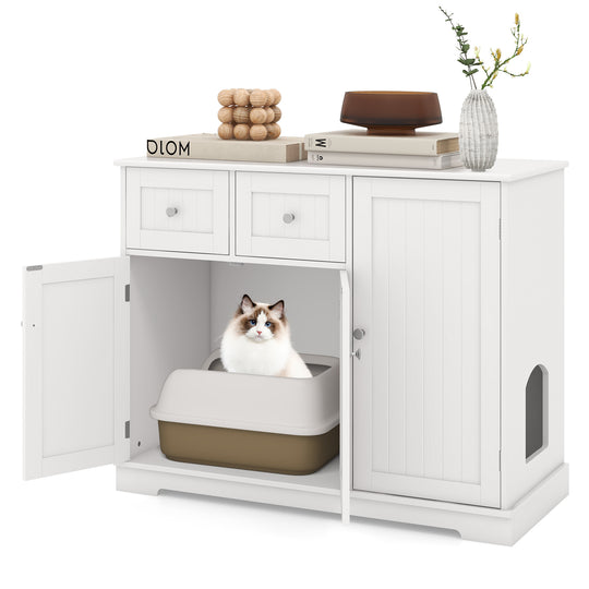 Cat Litter Box Enclosure with 2 Drawers and 3 Doors for Kittens and Adult Cats-White