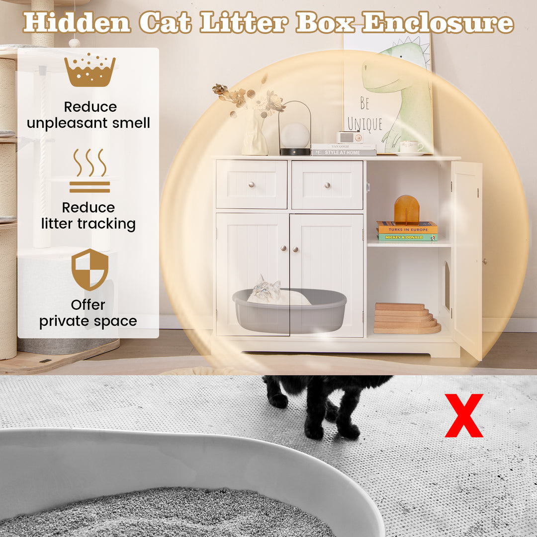 Cat Litter Box Enclosure with 2 Drawers and 3 Doors for Kittens and Adult Cats-White