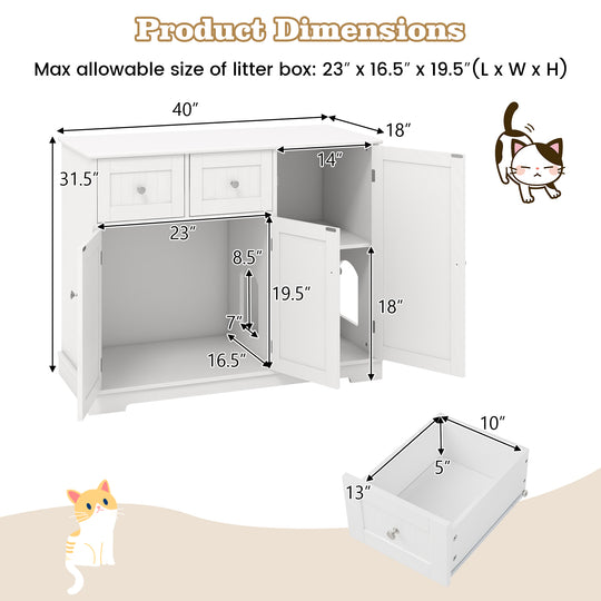 Cat Litter Box Enclosure with 2 Drawers and 3 Doors for Kittens and Adult Cats-White