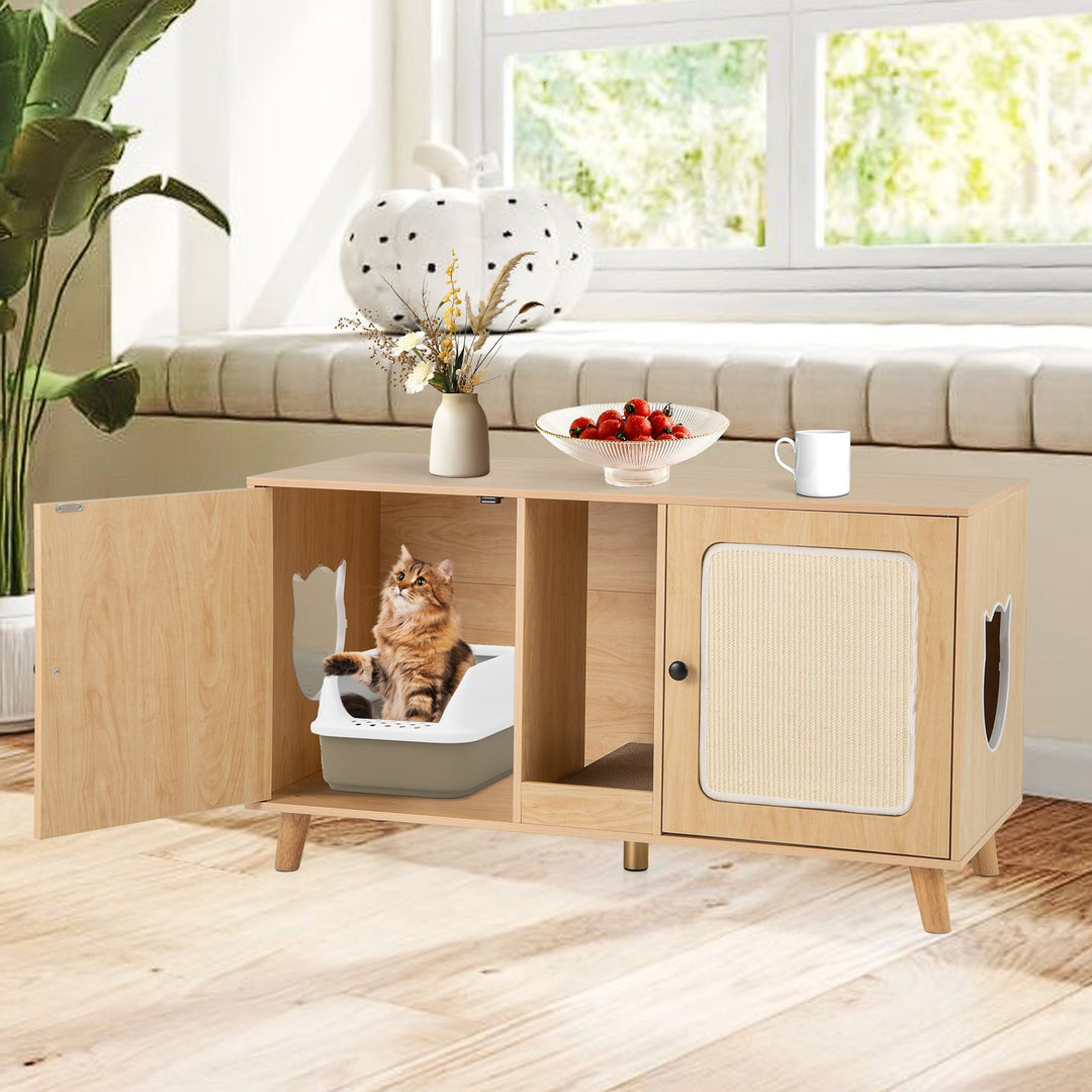 43 Inches Cat Litter Box Enclosure with Double Rooms and 2 Sisal Scratching Mats