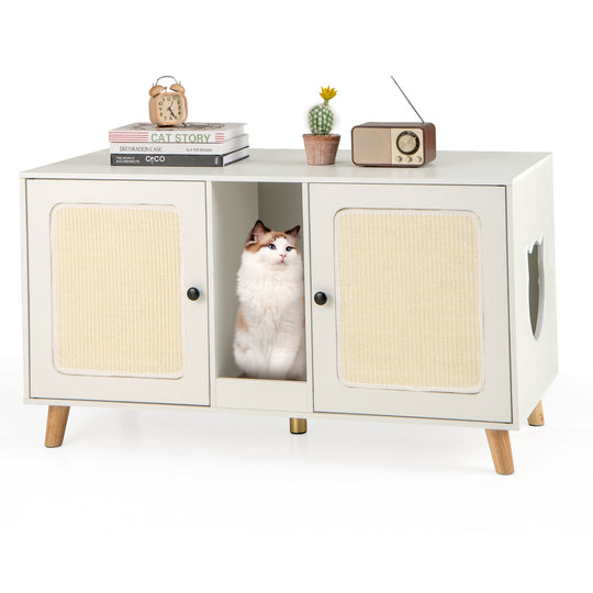 43 Inches Cat Litter Box Enclosure with Double Rooms and 2 Sisal Scratching Mats