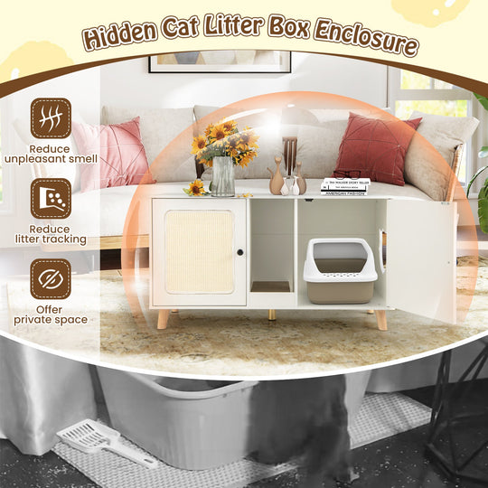 43 Inches Cat Litter Box Enclosure with Double Rooms and 2 Sisal Scratching Mats