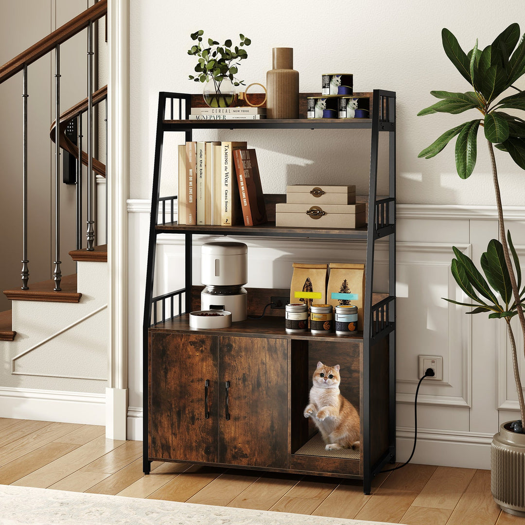 Cat Litter Box Enclosure with Storage Shelves and Scratching Pad