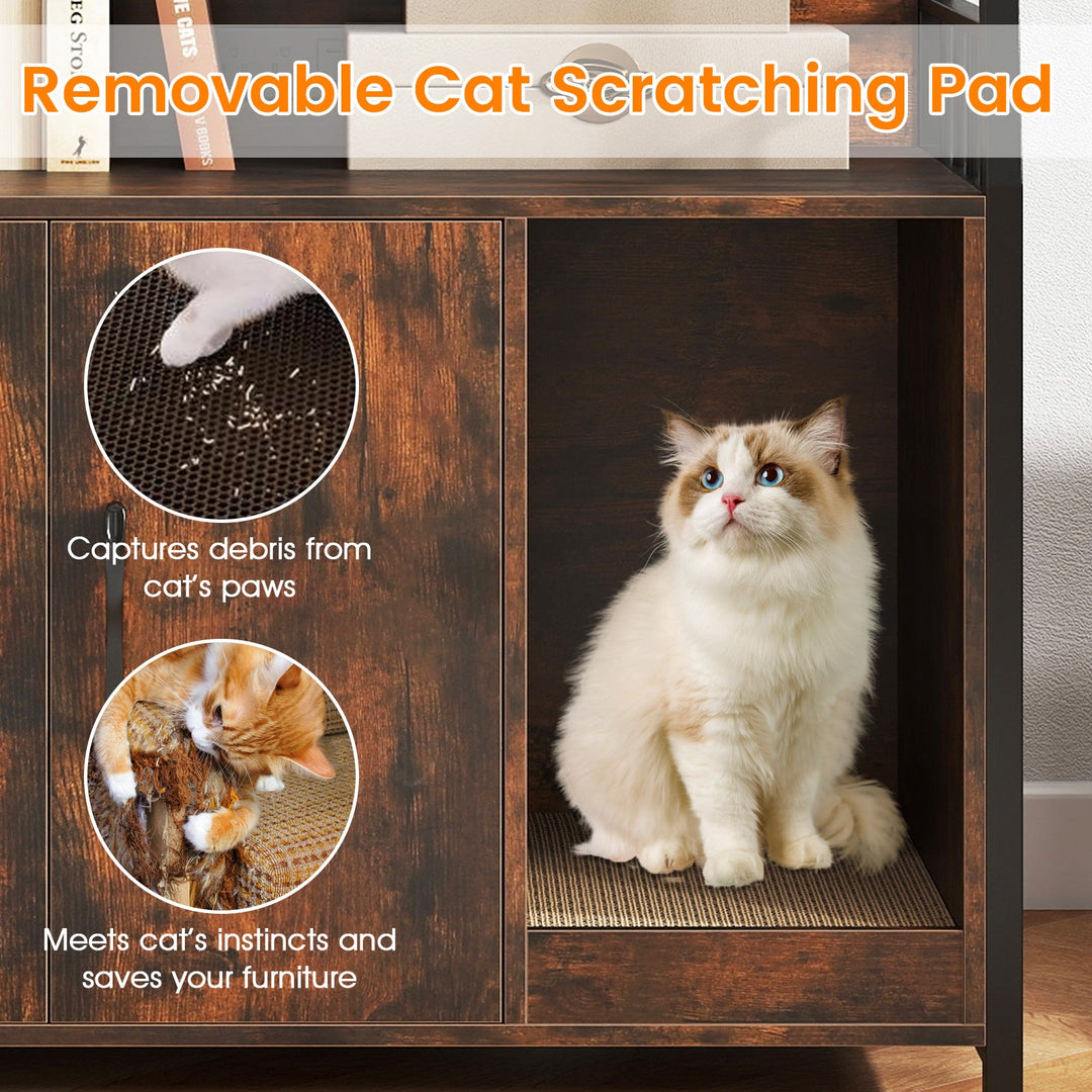 Cat Litter Box Enclosure with Storage Shelves and Scratching Pad