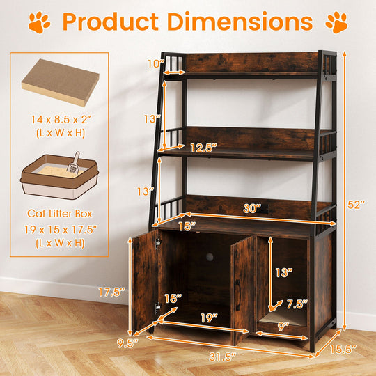 Cat Litter Box Enclosure with Storage Shelves and Scratching Pad