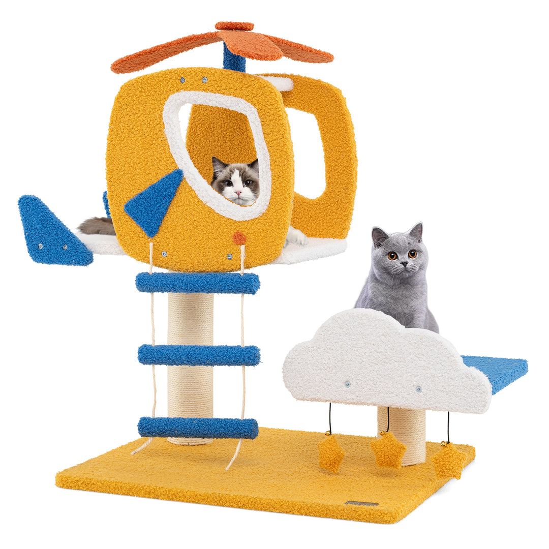 Indoor Small Aviation-themed Cat Tree Cat Tower with Helicopter Top Perch-Yellow