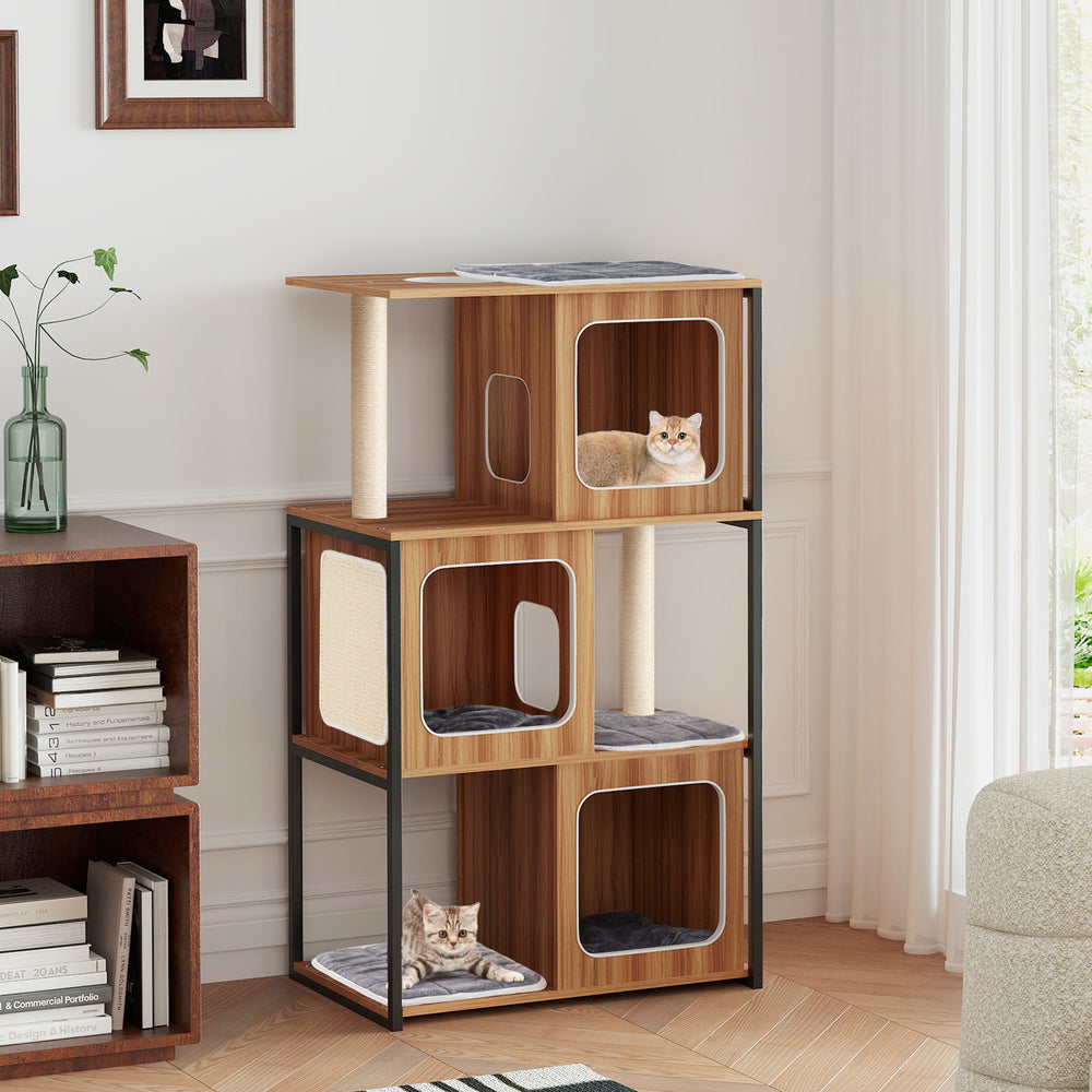 Modern Cat Tree Cat House with Metal Frame and Scratching Posts-Natural