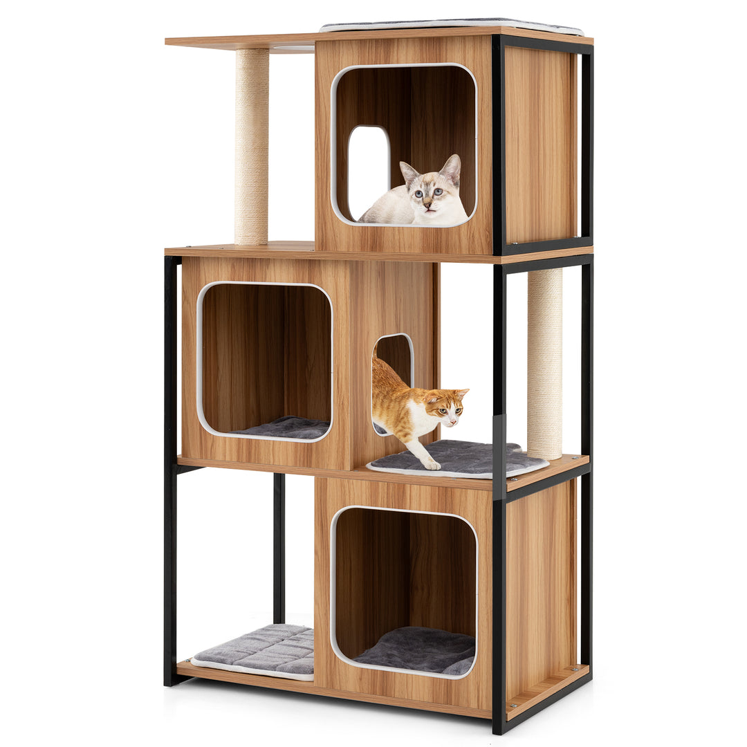 Modern Cat Tree Cat House with Metal Frame and Scratching Posts-Natural