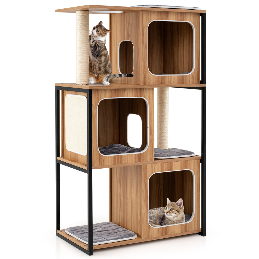 Modern Cat Tree Cat House with Metal Frame and Scratching Posts-Natural