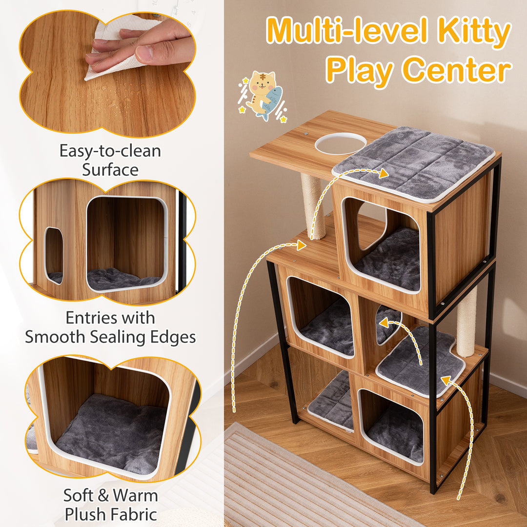 Modern Cat Tree Cat House with Metal Frame and Scratching Posts-Natural