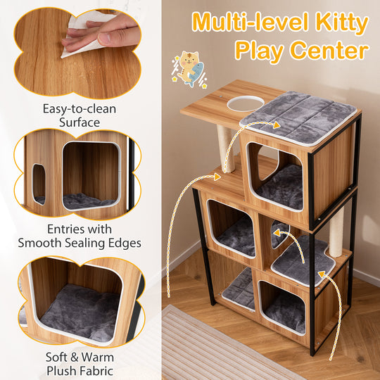 Modern Cat Tree Cat House with Metal Frame and Scratching Posts-Natural