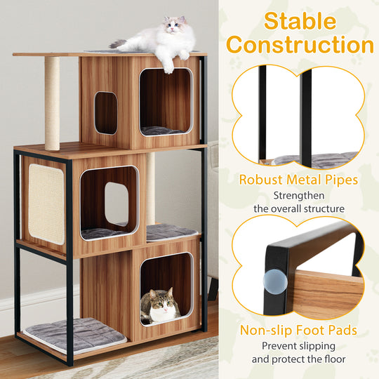 Modern Cat Tree Cat House with Metal Frame and Scratching Posts-Natural